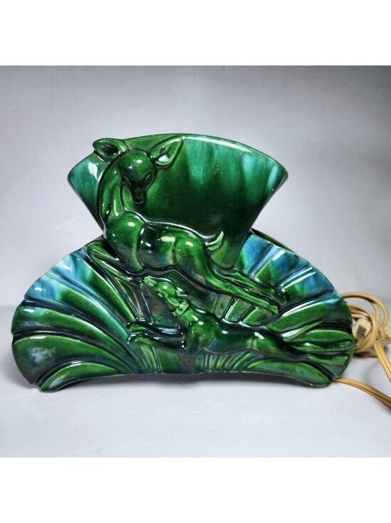 Other - Vintage Ceramic Planter Lamp – Leaping Deer – Mid Century Green Glaze